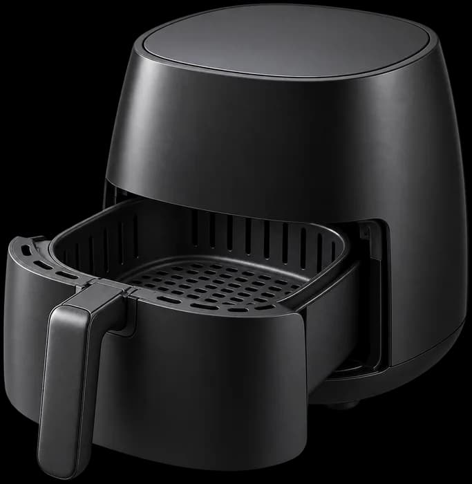 A matte black basket-style countertop air fryer with the basket pulled halfway out