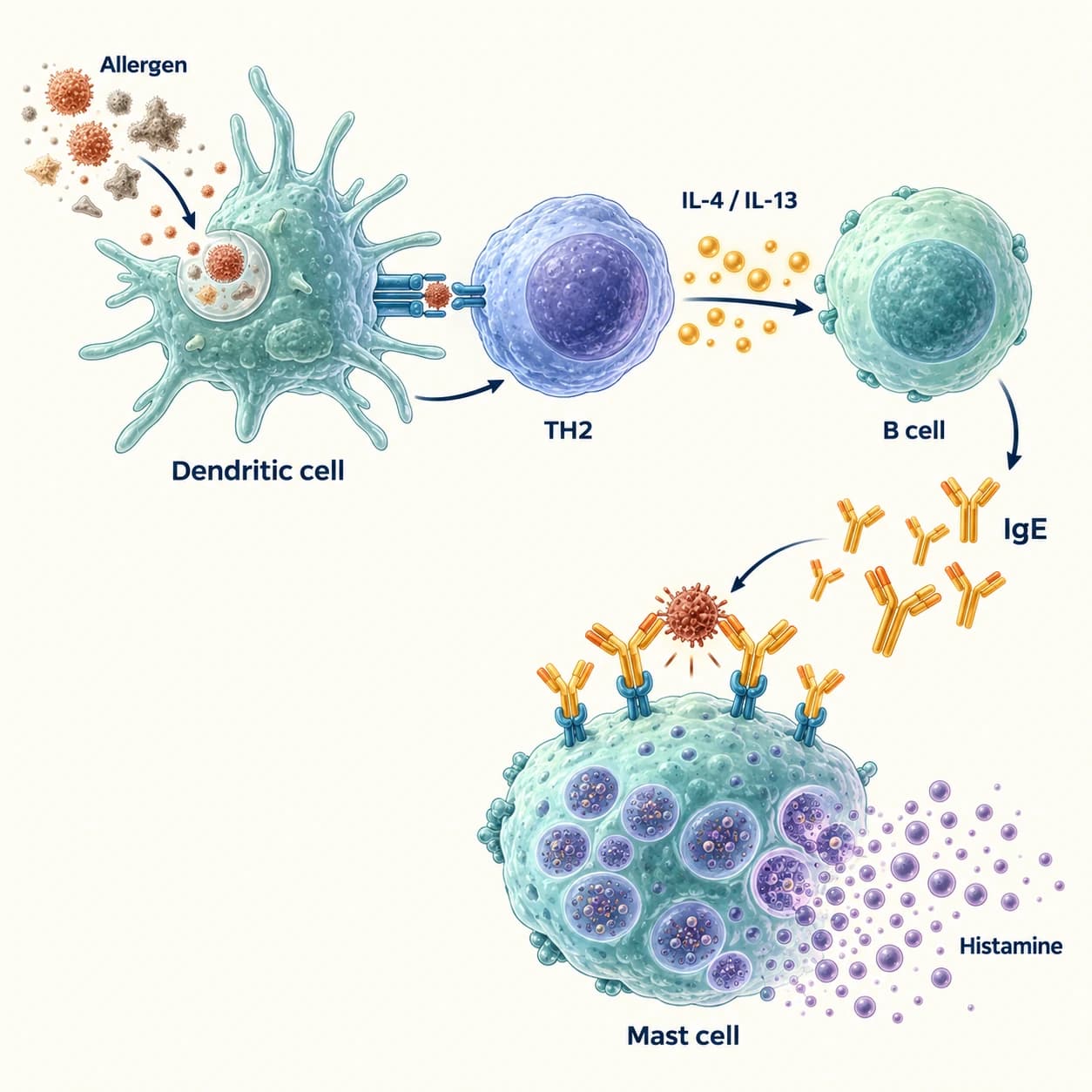 Allergy pathway showing allergen presentation, TH2 signaling, B-cell IgE and mast-cell histamine release.