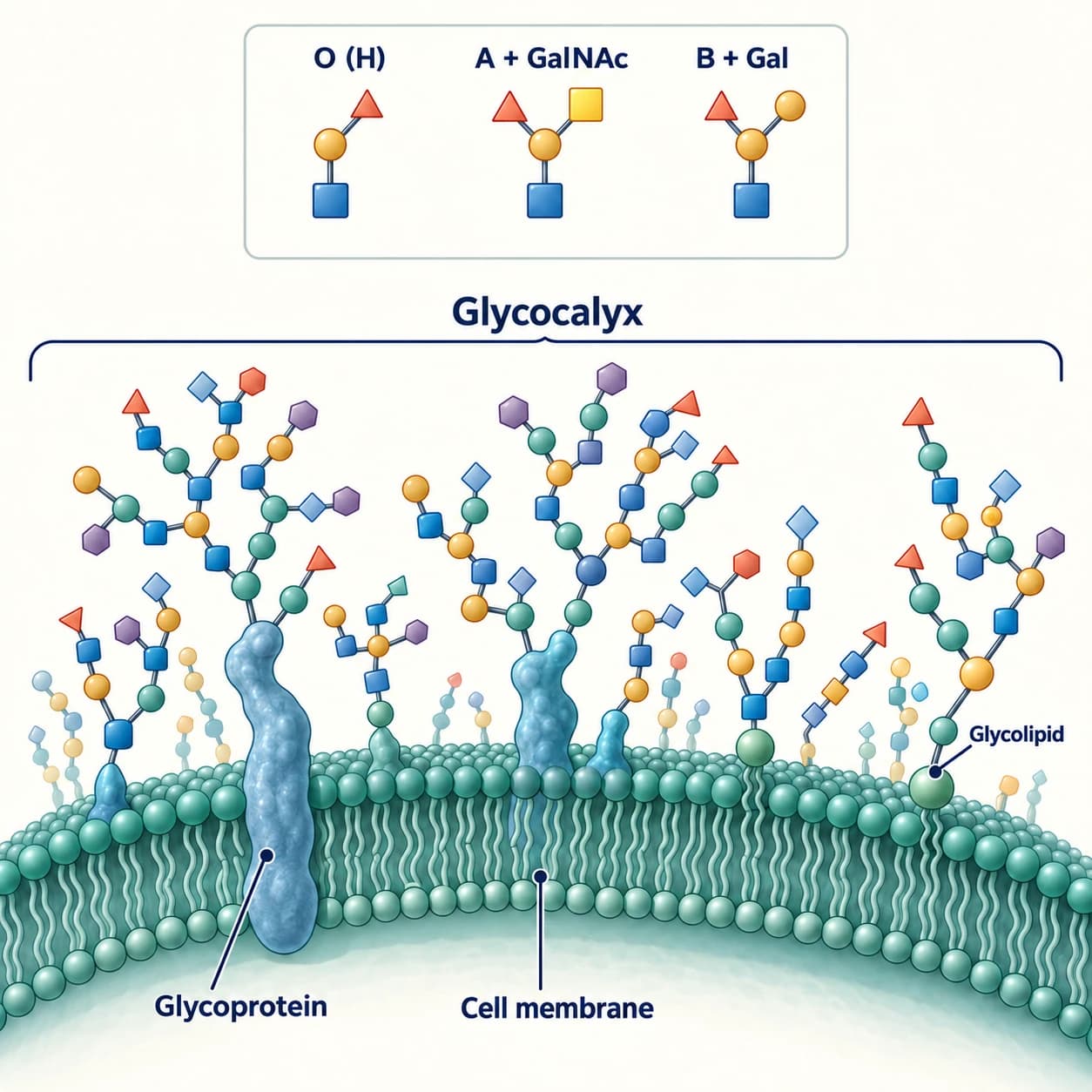 A forest-like glycocalyx of branching sugar chains anchored to membrane proteins and lipids, with simplified ABO terminal-sugar examples.