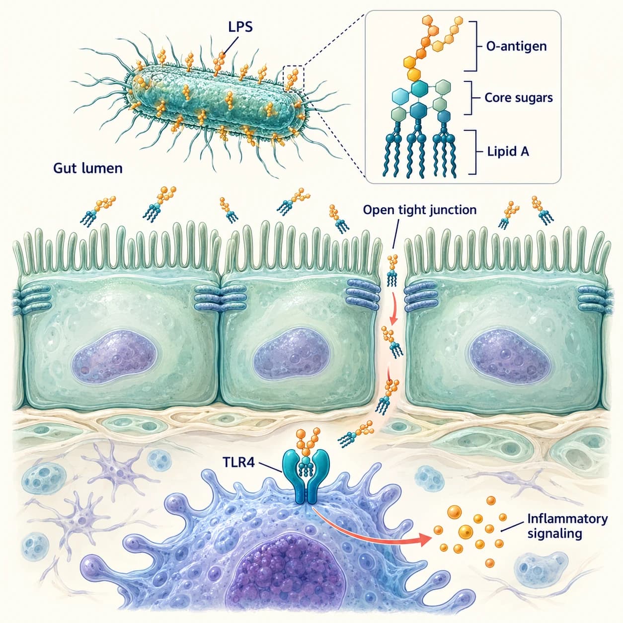 LPS schematic showing lipid A, core sugars and O-antigen, fragments crossing an open gut junction and activating TLR4.