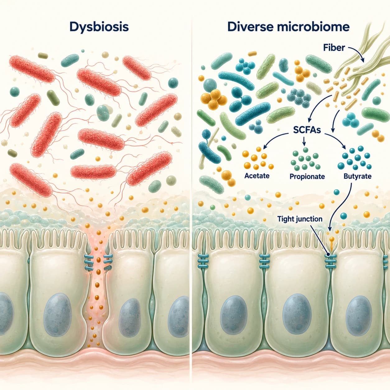 Gut microbiome comparison with imbalanced and diverse microbial communities, fiber fermentation and acetate, propionate and butyrate above intestinal tight junctions.