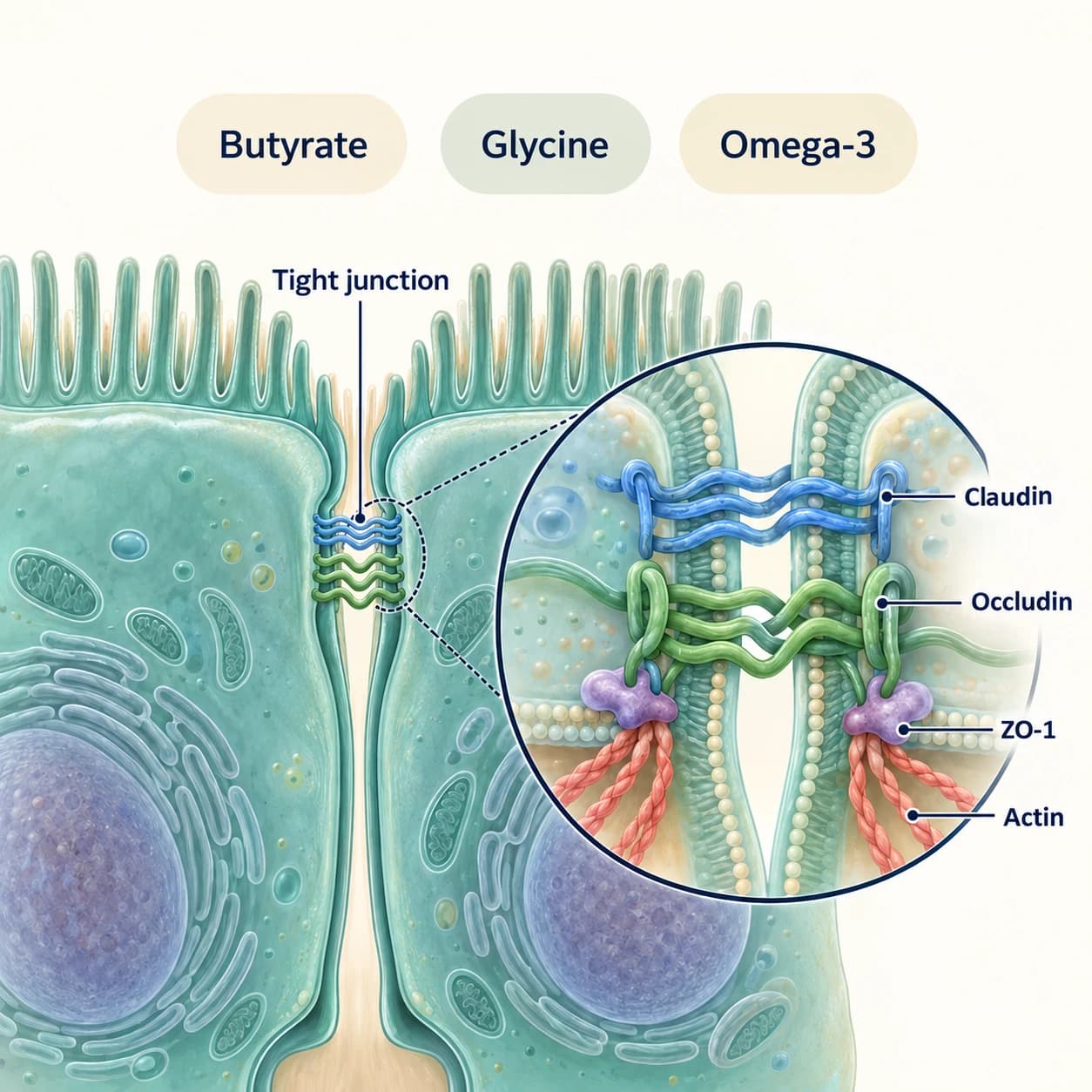 Two adjacent intestinal cells with an enlarged tight junction showing claudin, occludin, ZO-1 and actin, alongside butyrate, glycine and omega-3 topics.