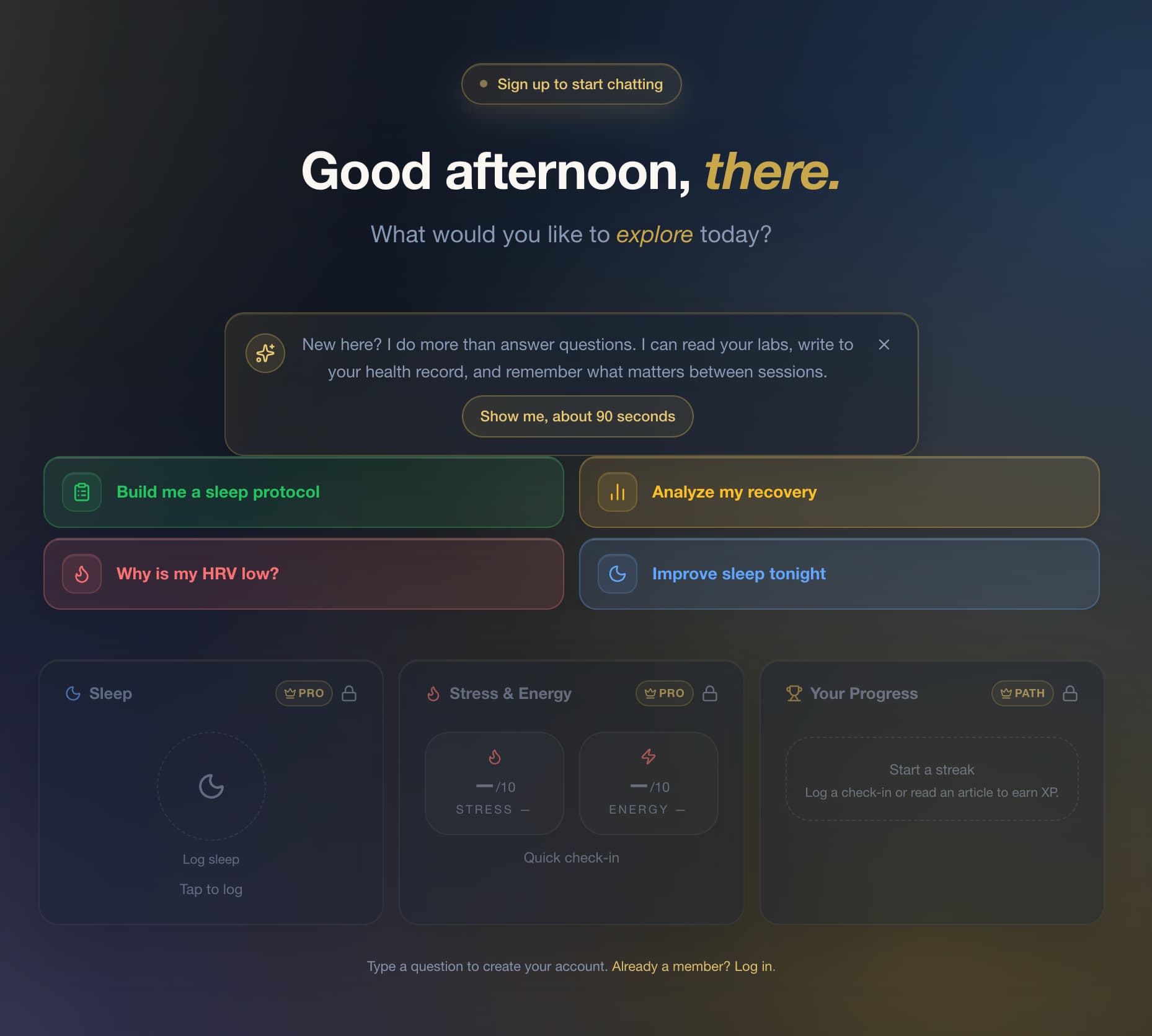 Health Coach Ask screen showing contextual questions and guided health tools