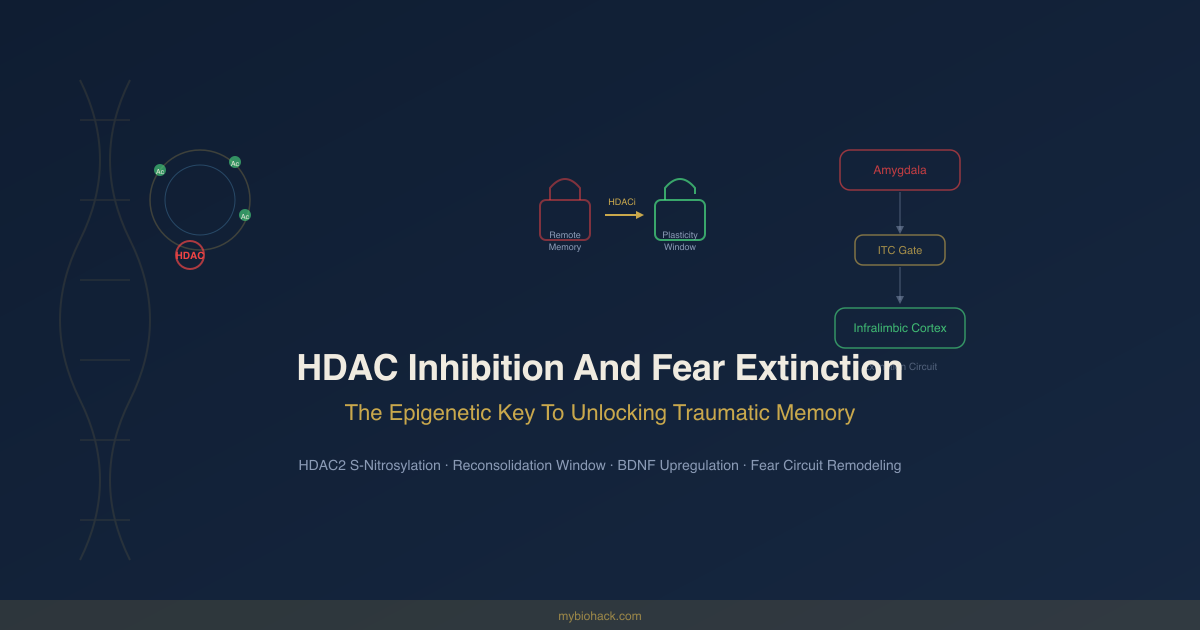 HDAC Inhibition And Fear Extinction: diagram showing histone acetylation, HDAC2 S-nitrosylation, and the fear extinction neural circuit