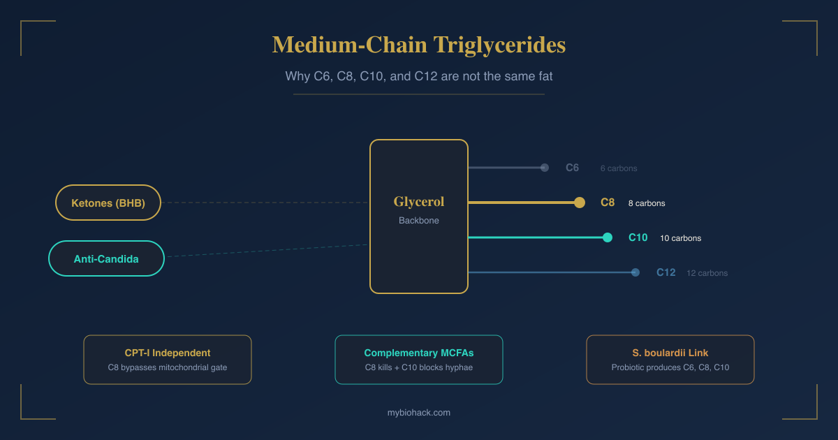 Medium-chain triglycerides comparison showing C6, C8, C10, and C12 fatty acid chains with their ketogenic and antifungal properties