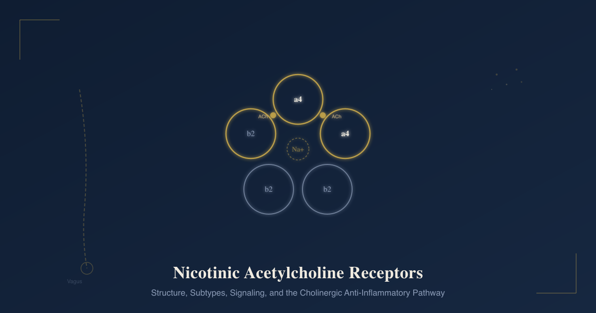 Nicotinic acetylcholine receptor pentameric structure with alpha and beta subunits forming a central ion pore