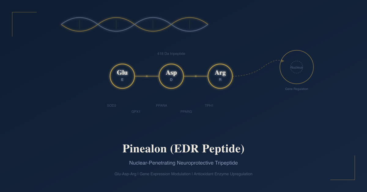 Pinealon EDR peptide structure showing Glu-Asp-Arg tripeptide binding to DNA promoter regions in the cell nucleus