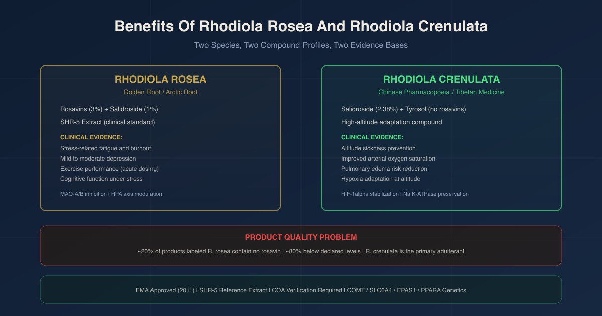 Rhodiola rosea vs crenulata comparison chart showing compound profiles, clinical evidence, and product quality concerns