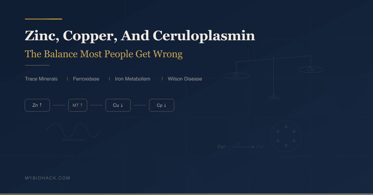 Zinc, copper, and ceruloplasmin hero image showing mineral balance pathway